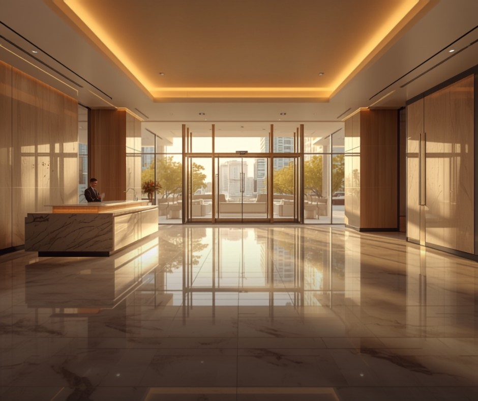Renovated apartment building entrance lobby, South London (illustration) — Zuma Global | לובי כניסה משופץ בבניין מגורים בדרום לונדון (אילוסטרציה) — זומא גלובל